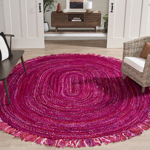 Safavieh Braided Round Pink Fuchsia Cotton Area Rug — Handwoven Indian Braided Texture, Low-Profile Comfort 6'-0" x 6'-0" BRD451U-6R