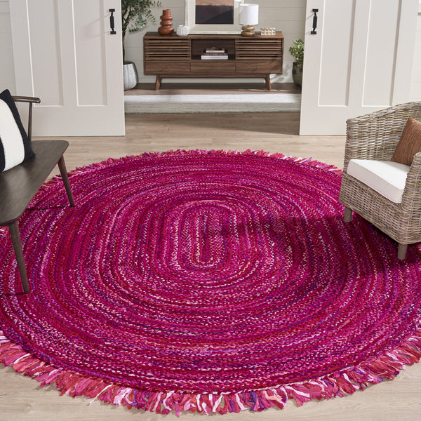 Safavieh Braided Round Pink Fuchsia Cotton Area Rug — Handwoven Indian Braided Texture, Low-Profile Comfort 6'-0" x 6'-0" BRD451U-6R