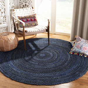 Safavieh Braided Hand-Woven Navy Black Cotton Round Rug — Slim Profile, Soft Durable Texture For Stylish Rooms 9'-0" x 9'-0" BRD452N-9R