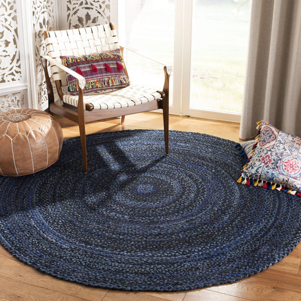 Safavieh Braided Hand-Woven Navy Black Cotton Round Rug — Slim Profile, Soft Durable Texture For Stylish Rooms 9'-0" x 9'-0" BRD452N-9R