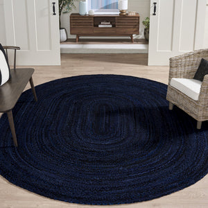 Safavieh Braided Hand-Woven Navy Black Cotton Round Rug — Slim Profile, Soft Durable Texture For Stylish Rooms 9'-0" x 9'-0" BRD452N-9R
