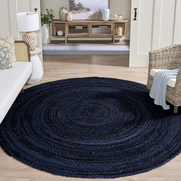 Safavieh Braided Hand-Woven Navy Black Cotton Round Rug — Slim Profile, Soft Durable Texture For Stylish Rooms 9'-0" x 9'-0" BRD452N-9R