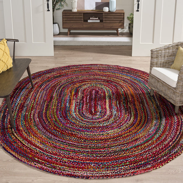 Safavieh Braided Hand‑Woven Rust Multi Round Area Rug — Soft Cotton Low‑Profile 1/4" Pile, Boho Elegance 9'-0" x 9'-0" BRD452P-9R