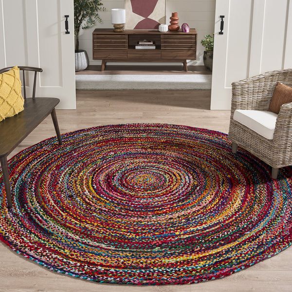 Safavieh Braided Hand‑Woven Rust Multi Round Area Rug — Soft Cotton Low‑Profile 1/4" Pile, Boho Elegance 9'-0" x 9'-0" BRD452P-9R