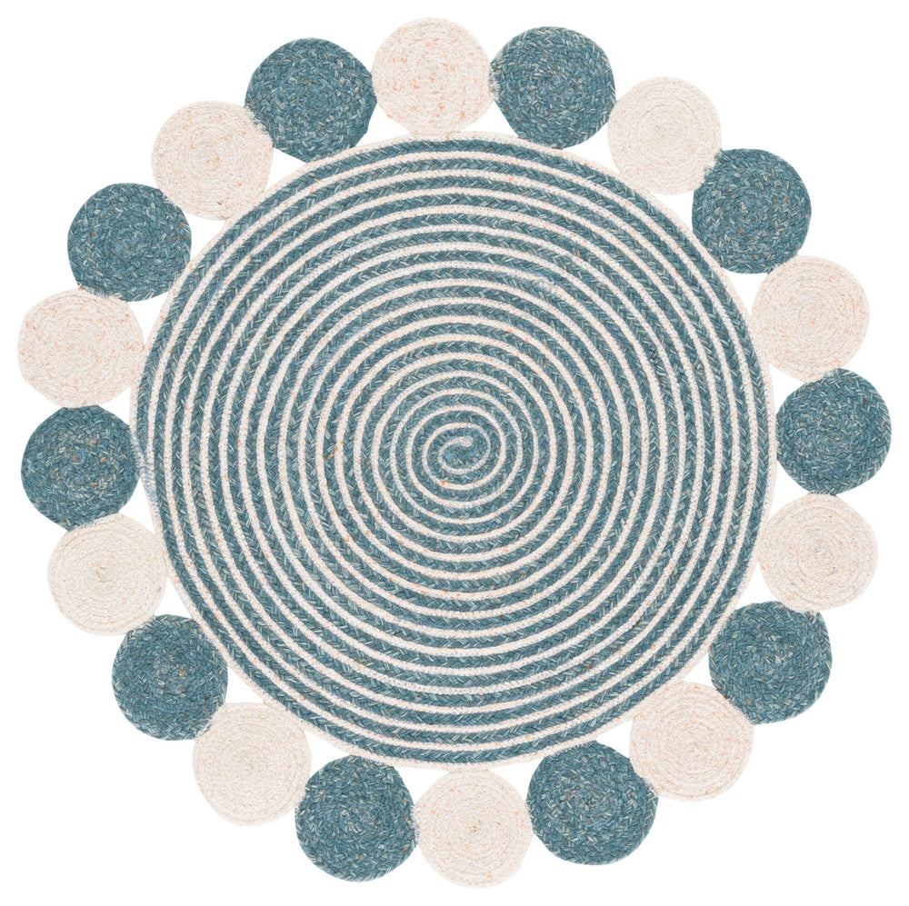 Safavieh Braided Hand‑Woven Round Area Rug In Turquoise & Peach — Wool‑Jute Blend, Low‑Pile, Coastal Charm 5'-0" x 5'-0" BRD556K-5R