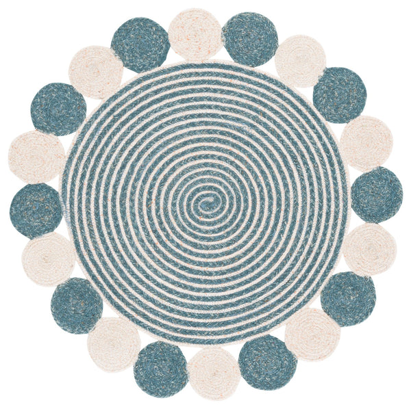 Safavieh Braided Hand‑Woven Round Area Rug In Turquoise & Peach — Wool‑Jute Blend, Low‑Pile, Coastal Charm 5'-0" x 5'-0" BRD556K-5R