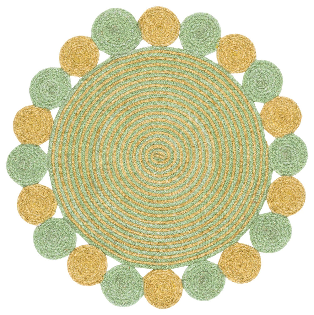 Safavieh Braided Hand‑Woven Round Area Rug In Green And Gold — Wool Blend, Textured Braided Craftsmanship For Entryway Elegance 5'-0" x 5'-0" BRD556Y-5R