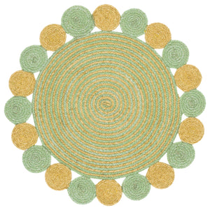 Safavieh Braided Hand‑Woven Round Area Rug In Green And Gold — Wool Blend, Textured Braided Craftsmanship For Entryway Elegance 5'-0" x 5'-0" BRD556Y-5R