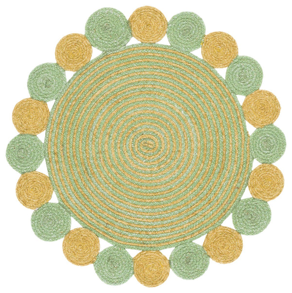 Safavieh Braided Hand‑Woven Round Area Rug In Green And Gold — Wool Blend, Textured Braided Craftsmanship For Entryway Elegance 5'-0" x 5'-0" BRD556Y-5R