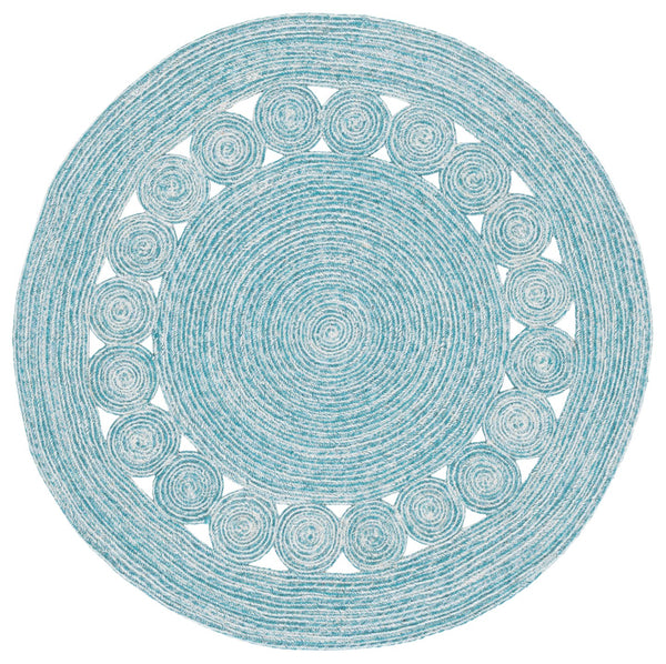 Safavieh Braided Round Turquoise Ivory Area Rug — Handwoven Wool-Jute Blend, Low-Profile Coastal Charm 3/8" 6'-0" x 6'-0" BRD559K-6R