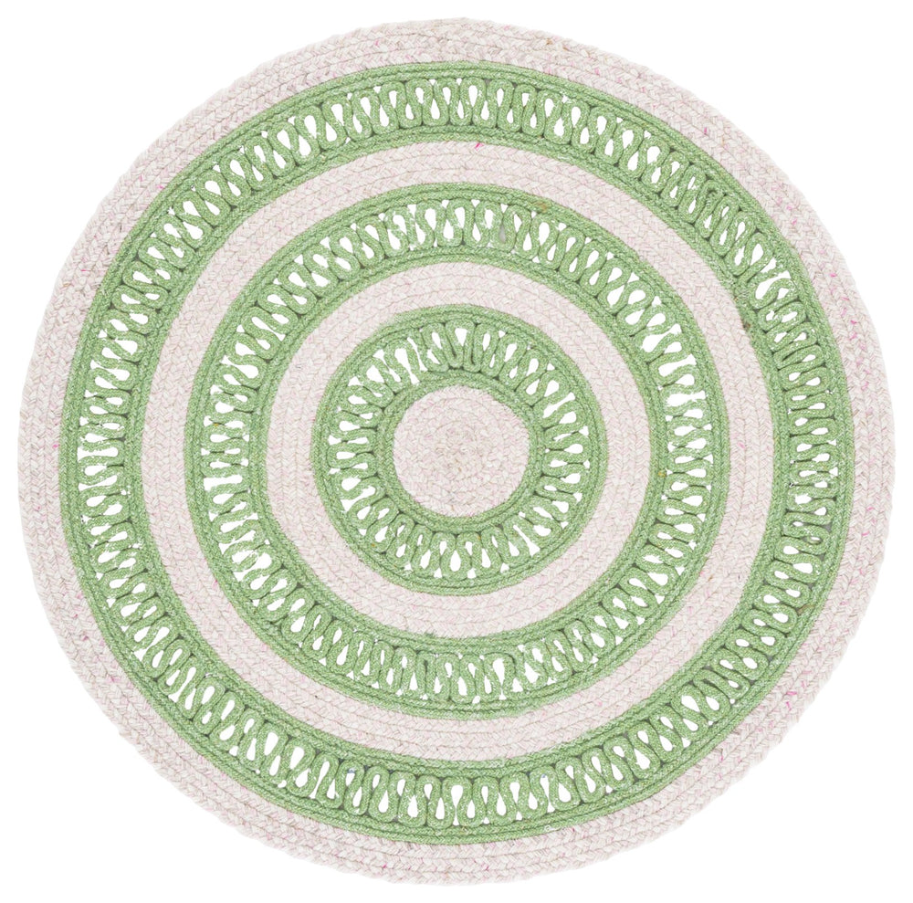 Safavieh Braided Round 3 Ft Area Rug In Green & Pink Wool Blend — Handwoven Coastal Accent, Durable Soft Texture 3'-0" x 3'-0" BRD560Y-3R