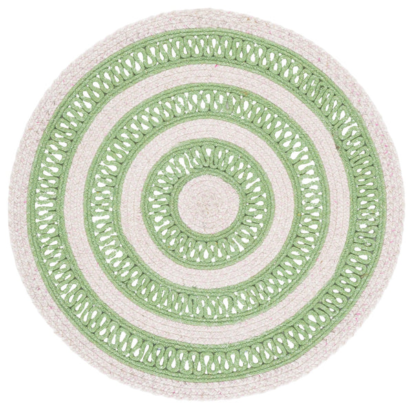 Safavieh Braided Round 3 Ft Area Rug In Green & Pink Wool Blend — Handwoven Coastal Accent, Durable Soft Texture 3'-0" x 3'-0" BRD560Y-3R