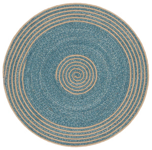 Safavieh Braided Hand-Woven Round Area Rug In Natural & Turquoise — 36" Wool Blend, Coastal Braided Texture 4'-0" x 4'-0" BRD561K-4R