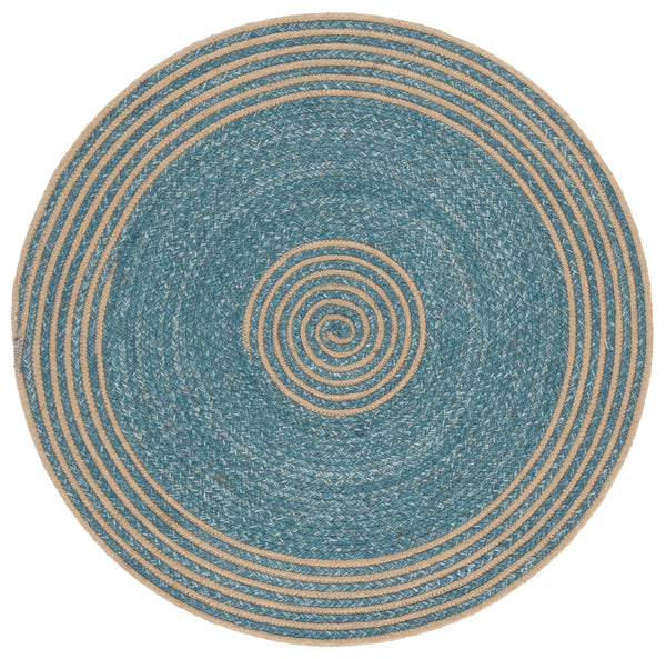 Safavieh Braided Hand-Woven Round Area Rug In Natural & Turquoise — 36" Wool Blend, Coastal Braided Texture 4'-0" x 4'-0" BRD561K-4R