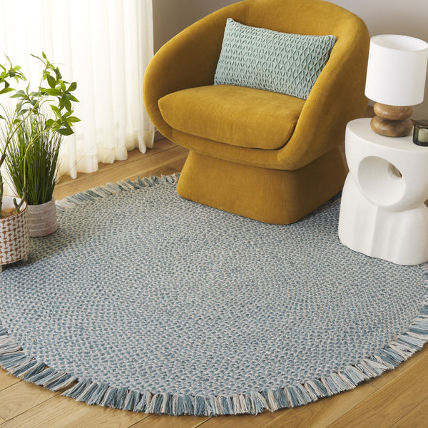 Safavieh Braided Hand-Woven Round Blue Ivory Rug — Wool-Jute Blend, Coastal Texture, Durable Low-Profile Nesting Centerpiece For Entryway, Bedroom, Seating Areas 3'-0" x 3'-0" BRD563M-3R