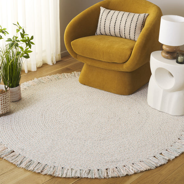 Safavieh Braided Hand-Woven Round Area Rug In Sage And Peach — 90% Wool Low Pile, Durable Natural Texture 5'-0" x 5'-0" BRD563W-5R