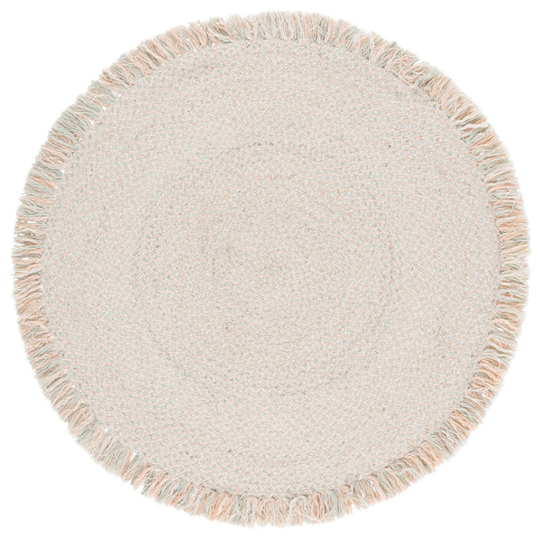 Safavieh Braided Hand-Woven Round Area Rug In Sage And Peach — 90% Wool Low Pile, Durable Natural Texture 5'-0" x 5'-0" BRD563W-5R