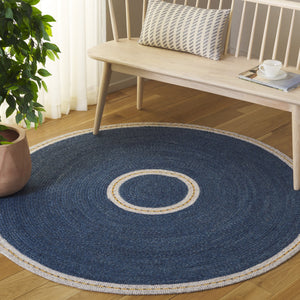 Safavieh Braided Handwoven Round Area Rug In Blue Beige Striped Coastal Pattern, Wool-Jute Blend Texture 5'-0" x 5'-0" BRD564M-5R