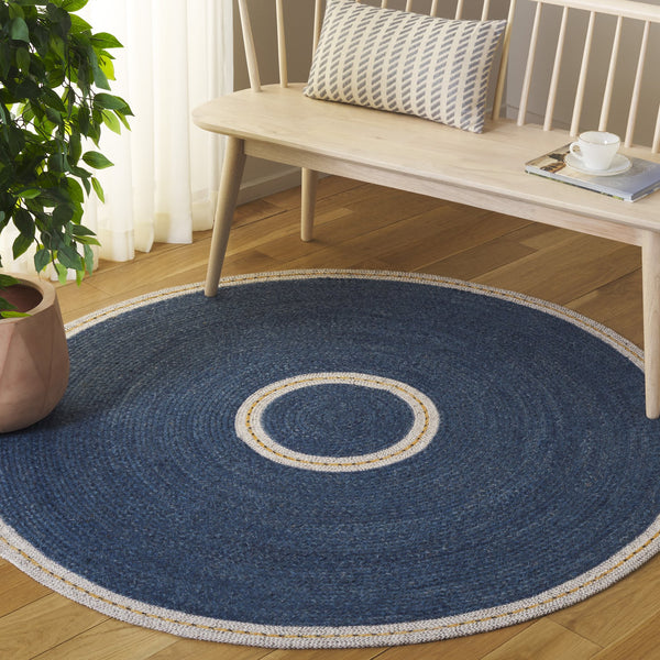 Safavieh Braided Handwoven Round Area Rug In Blue Beige Striped Coastal Pattern, Wool-Jute Blend Texture 5'-0" x 5'-0" BRD564M-5R