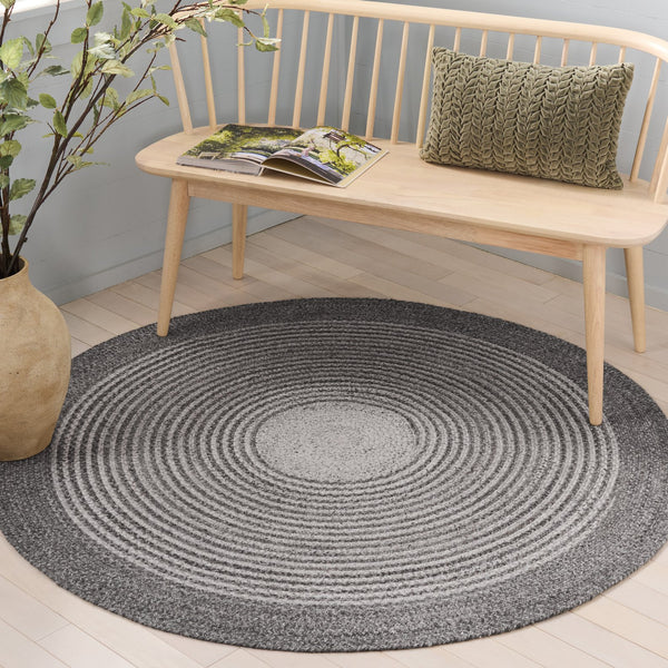 Safavieh Braided Handwoven Charcoal-Grey Round Area Rug With Concentric Circles — Durable Pet Pile Elegance 5'-0" x 5'-0" BRD809H-5R