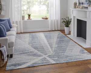 Feizy Rugs Brighton Hand Knotted Abstract Wool Viscose Area Rug for Large Living Spaces Ivory/Blue/Silver BRI69CHFBLUIVYJ55