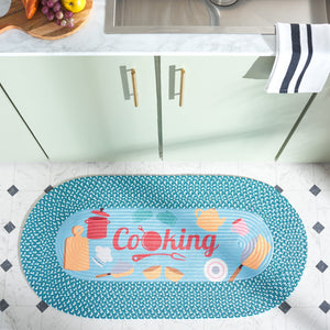 Safavieh Braided Kitchen Oval Rug 20X48 Light Blue With Cookware Graphic, Braided Border, Washable Low-Profile BRP405L-24OV