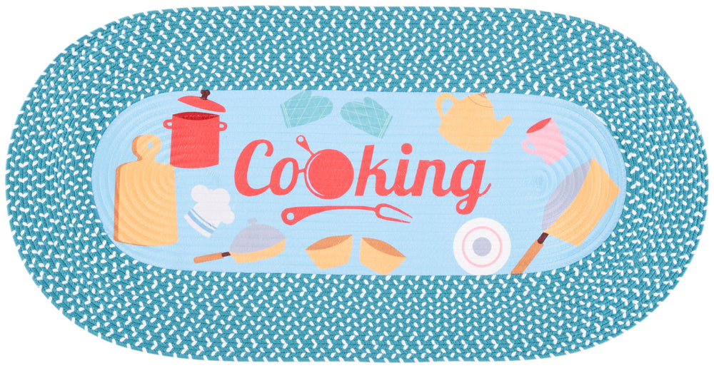 Safavieh Braided Kitchen Oval Rug 20X48 Light Blue With Cookware Graphic, Braided Border, Washable Low-Profile BRP405L-24OV