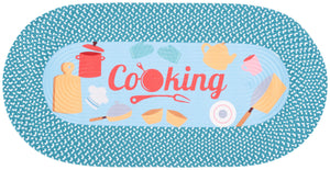 Safavieh Braided Kitchen Oval Rug 20X48 Light Blue With Cookware Graphic, Braided Border, Washable Low-Profile BRP405L-24OV