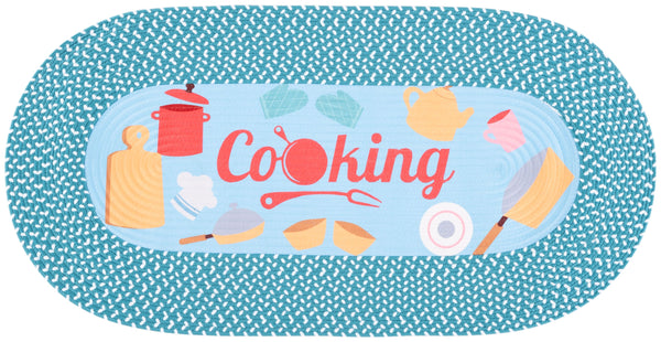 Safavieh Braided Kitchen Oval Rug 20X48 Light Blue With Cookware Graphic, Braided Border, Washable Low-Profile BRP405L-24OV