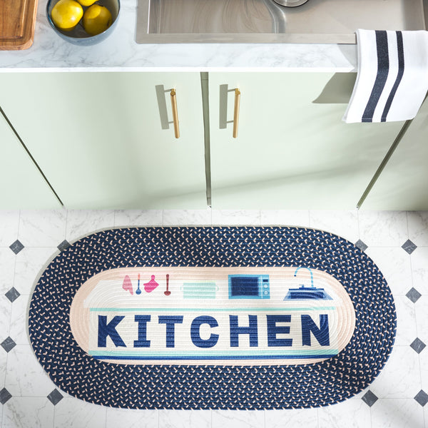 Safavieh Braided Oval Hand‑Woven Kitchen Rug 1'8"X4' Ivory & Navy — Braided Poly Blend, Stain‑Resistant, Washable BRP409N-24OV