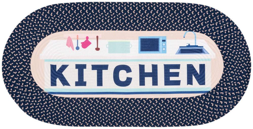 Safavieh Braided Oval Hand‑Woven Kitchen Rug 1'8"X4' Ivory & Navy — Braided Poly Blend, Stain‑Resistant, Washable BRP409N-24OV