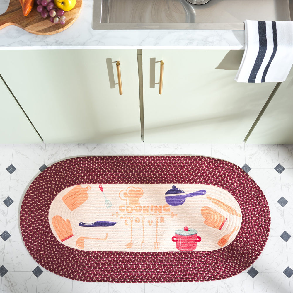 Safavieh Braided Hand-Woven Oval Kitchen Rug 20X48 In Ivory With Burgundy Braided Border And Washable Charm BRP415Q-24OV
