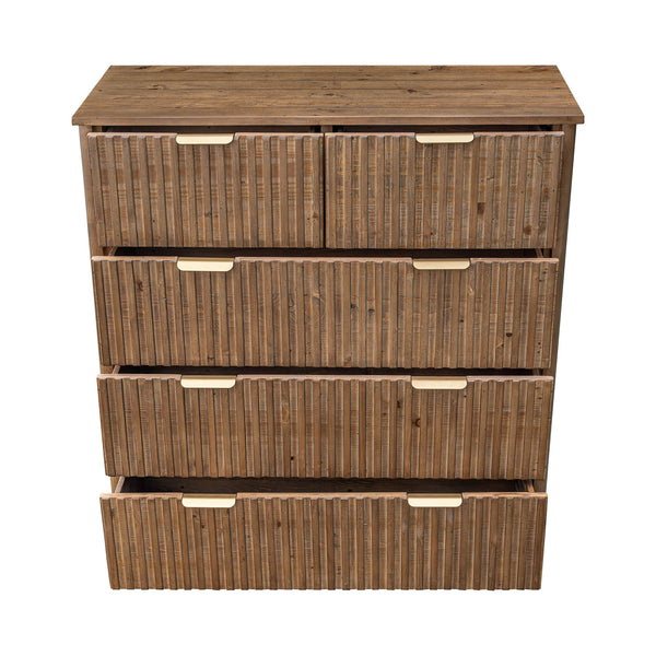 Lh Imports Britanica 5 Drawer Chest - Elegant Storage Solution With Sustainable Pine, Brass Handles & Unique Design Brown Full Product In Fsc Reclaimed Pine,Brass Handles Brt004