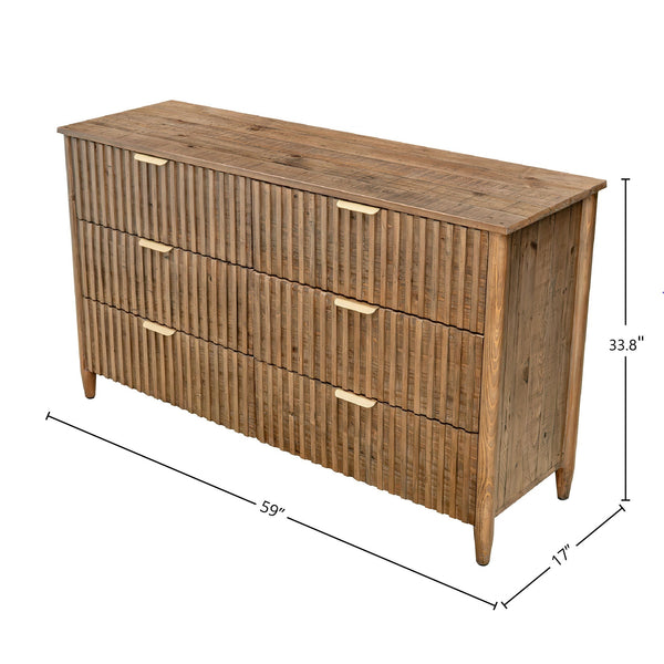 Lh Imports Britanica 6 Drawer Dresser - Elegant Storage Solution With Sustainable Pine & Stylish Brass Handles Brown Full Product In Fsc Reclaimed Pine,Brass Handles Brt006