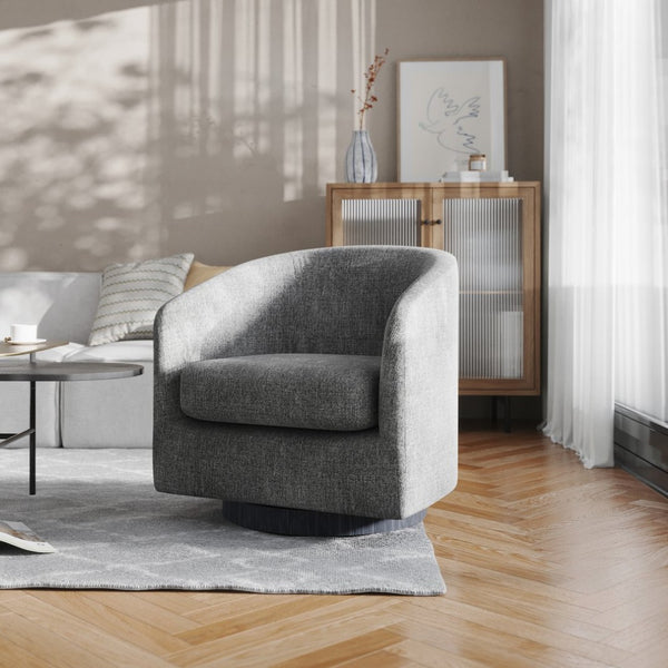 English Elm Landon Commercial Barrel Accent Armchair with 360° Swivel Base for Stylish Comfort in Any Space Dark Gray BS-AC22-060-DKGRY-GG