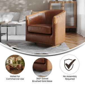 English Elm Myles Club Style Commercial Barrel Accent Armchair with 360° Swivel Base for Elegant Seating Solutions Brown BS-AC22-061-BRNPU-GG