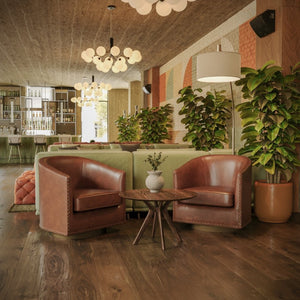 English Elm Myles Club Style Commercial Barrel Accent Armchair with 360° Swivel Base for Elegant Seating Solutions Brown BS-AC22-061-BRNPU-GG