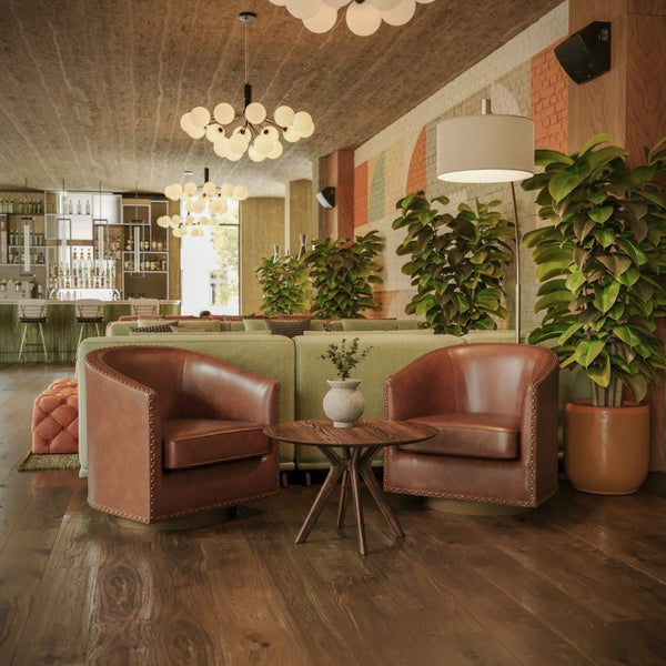 English Elm Myles Club Style Commercial Barrel Accent Armchair with 360° Swivel Base for Elegant Seating Solutions Brown BS-AC22-061-BRNPU-GG