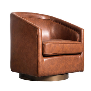 English Elm Dean Club Style Barrel Accent Armchair with 360° Swivel Base for Stylish Comfort in Any Space Brown LeatherSoft BS-AC22-064-BRNPU-GG