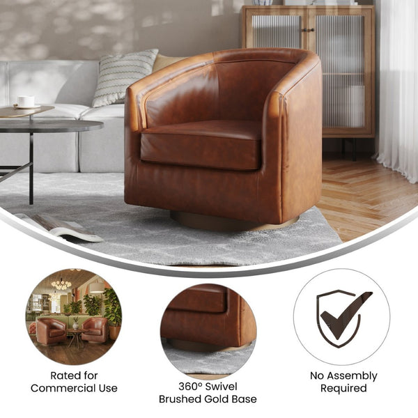 English Elm Dean Club Style Barrel Accent Armchair with 360° Swivel Base for Stylish Comfort in Any Space Brown LeatherSoft BS-AC22-064-BRNPU-GG