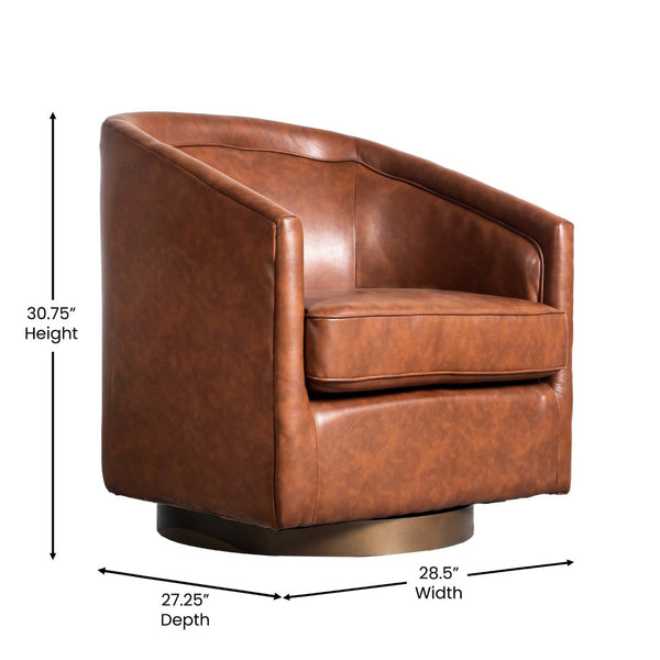 English Elm Dean Club Style Barrel Accent Armchair with 360° Swivel Base for Stylish Comfort in Any Space Brown LeatherSoft BS-AC22-064-BRNPU-GG