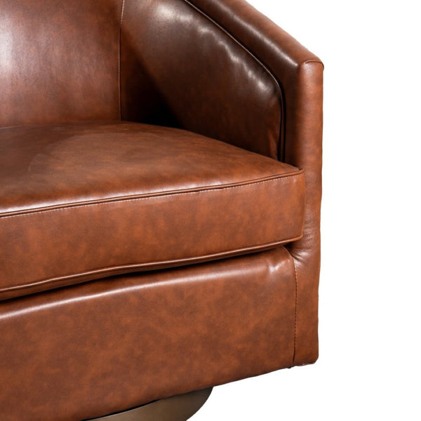 English Elm Dean Club Style Barrel Accent Armchair with 360° Swivel Base for Stylish Comfort in Any Space Brown LeatherSoft BS-AC22-064-BRNPU-GG