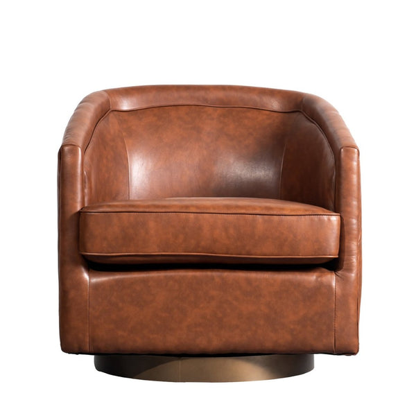 English Elm Dean Club Style Barrel Accent Armchair with 360° Swivel Base for Stylish Comfort in Any Space Brown LeatherSoft BS-AC22-064-BRNPU-GG