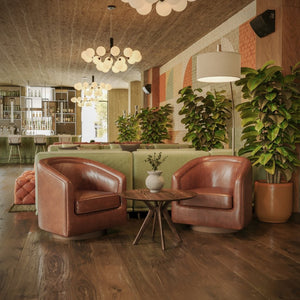 English Elm Dean Club Style Barrel Accent Armchair with 360° Swivel Base for Stylish Comfort in Any Space Brown LeatherSoft BS-AC22-064-BRNPU-GG