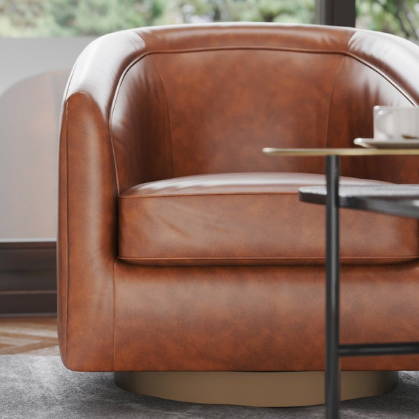 English Elm Dean Club Style Barrel Accent Armchair with 360° Swivel Base for Stylish Comfort in Any Space Brown LeatherSoft BS-AC22-064-BRNPU-GG