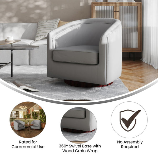 English Elm Dean Club Style Barrel Accent Armchair with 360° Swivel Base for Stylish Comfort in Any Space Gray LeatherSoft BS-AC22-064-GRYPU-GG