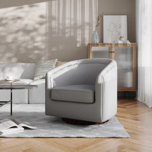English Elm Dean Club Style Barrel Accent Armchair with 360° Swivel Base for Stylish Comfort in Any Space Gray LeatherSoft BS-AC22-064-GRYPU-GG