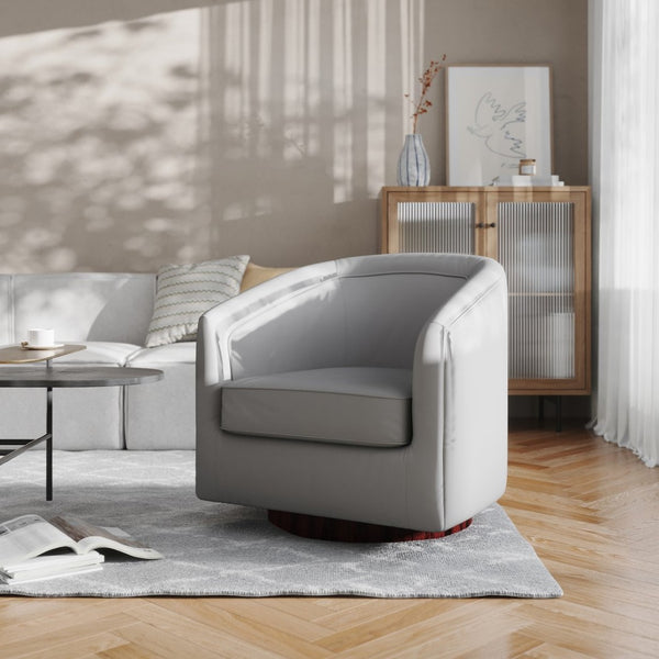 English Elm Dean Club Style Barrel Accent Armchair with 360° Swivel Base for Stylish Comfort in Any Space Gray LeatherSoft BS-AC22-064-GRYPU-GG