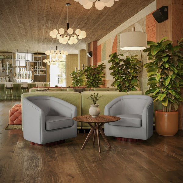 English Elm Dean Club Style Barrel Accent Armchair with 360° Swivel Base for Stylish Comfort in Any Space Gray LeatherSoft BS-AC22-064-GRYPU-GG