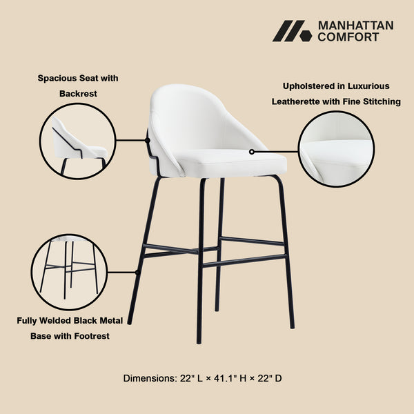Manhattan Comfort Gracie Leatherette Barstool With Sculpted Curves And Steel Legs For Elegant Dining Spaces White And Black Steel Bs022-bwh